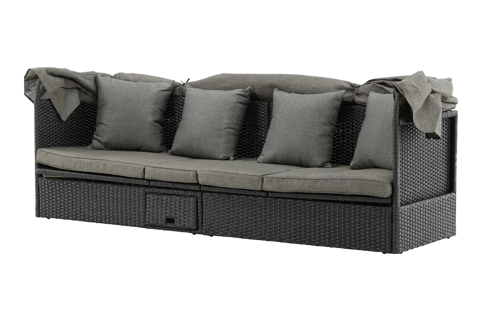 Nopy utesofa Utesofa med solseng funksjon. Sort plastrotting. Grått tak og grå puter.