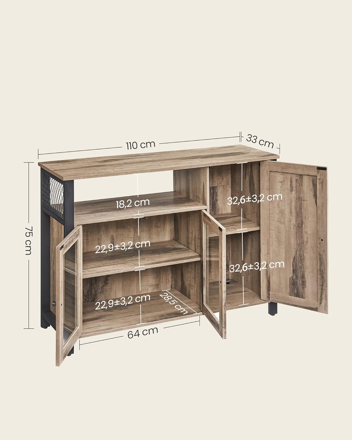 VASAGLE Sideboard, Küchenschrank, Aufbewahrungsschrank, mit 3 Türen, für Wohnzimmer, Küche, Esszimmer, 33 x 110 x 75 cm, Landhausstil, eichenbraun-schwarz LSC096B50