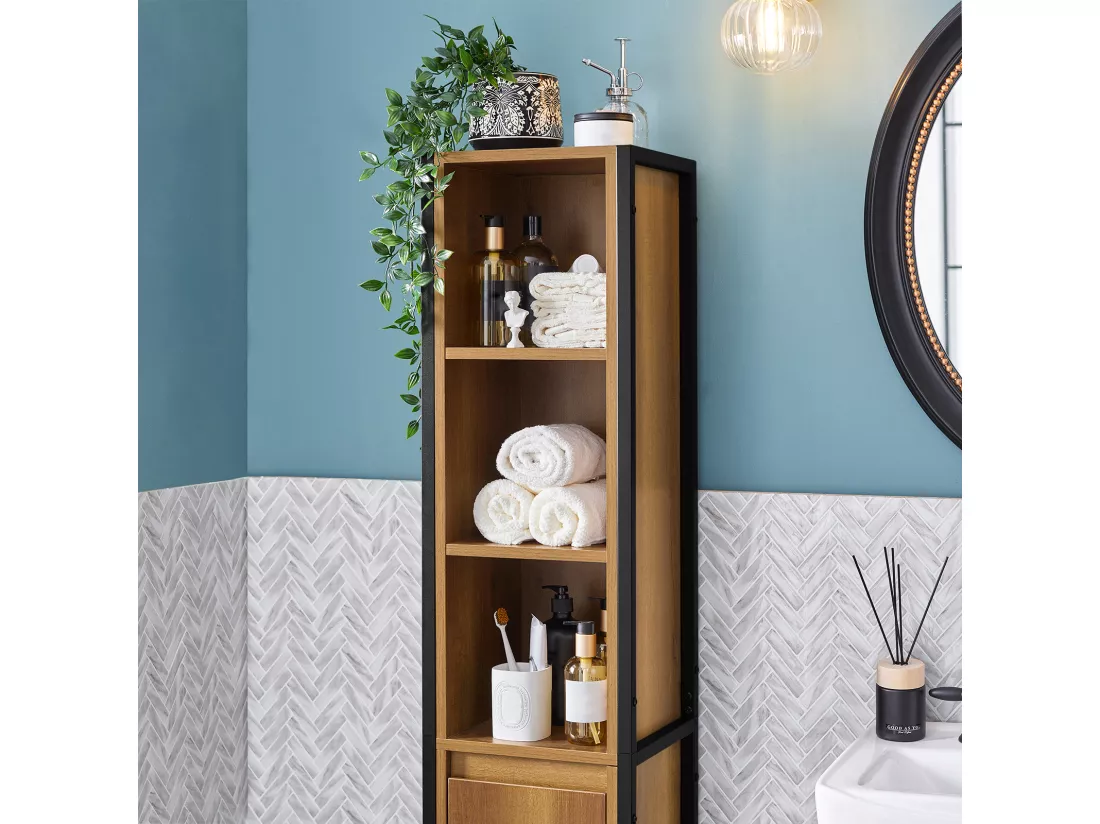 Meuble Colonne De Salle De Bain Avec 3 Niches, 1 Porte Et 3 Etagères Intérieurs, BZr62-pf