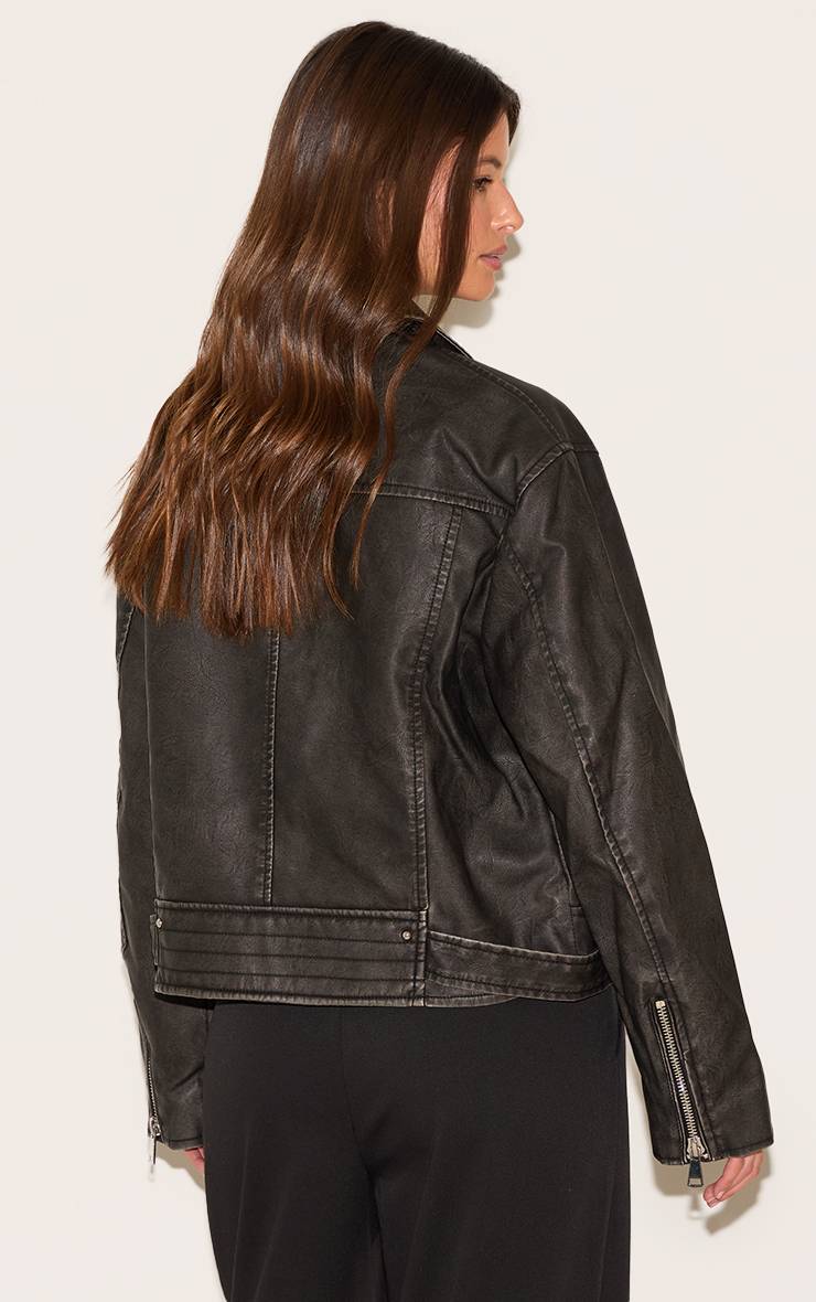 Noir Veste De Motard Oversize Vintage En Synthétiquecuir Avec Fermeture Éclair