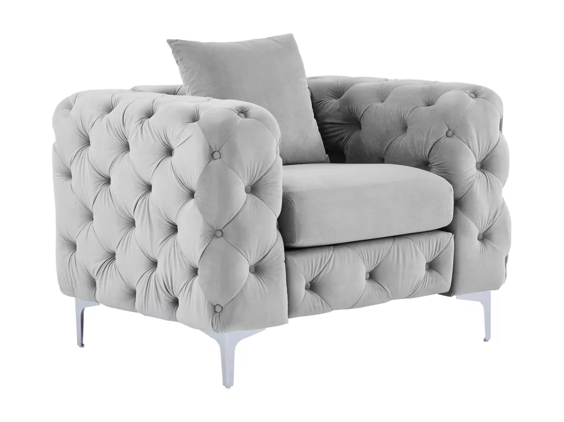 Canapé 3 places, fauteuil et pouf chesterfield en velours gris clair EDWINA