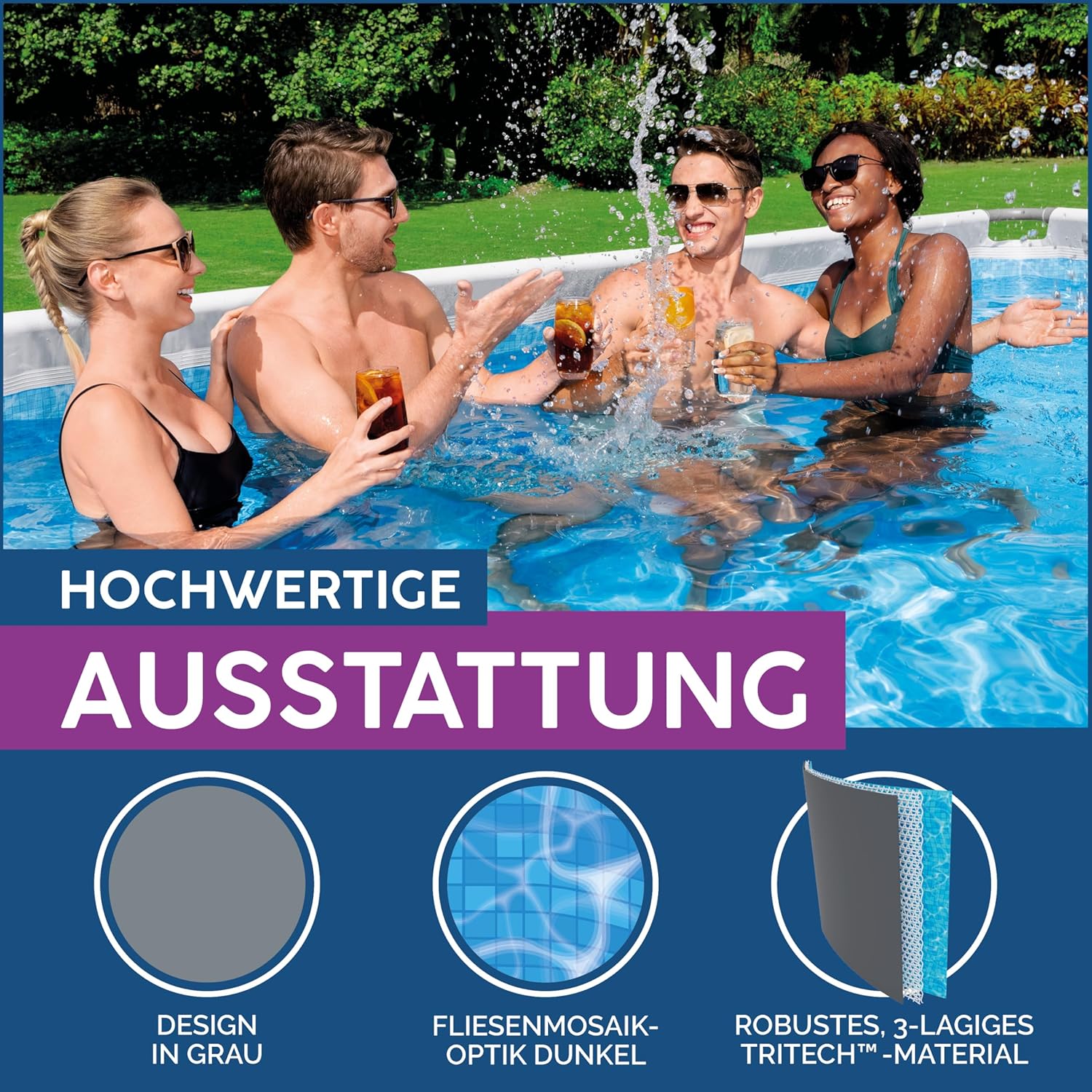 Bestway Power Steel Frame Pool Komplett-Set mit Sandfilteranlage 488 x 244 x 122 cm, grau, eckig