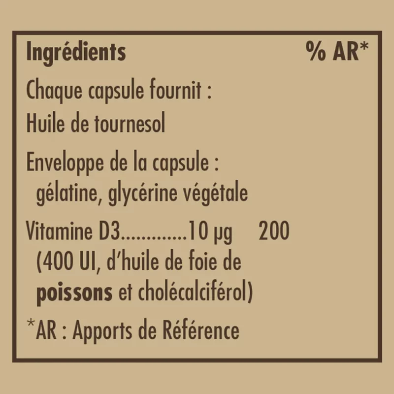 Vitamine D3 400 UI - Défenses immunitaires - 100 Capsules