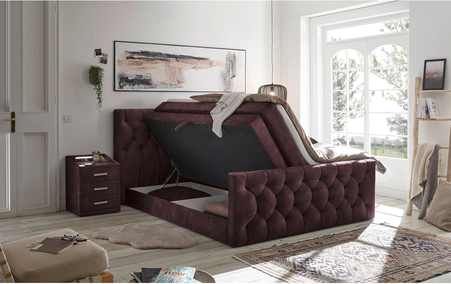 CASHFIELD 8 Boxspringbett mit Bettkasten 180x200, Aubergine - Bequemes Doppelbett mit 7-Zonen-Federkern Matratze & Kaltschaum Topper mit Klimaband - 200 x 113 x 225 cm (B/H/T)