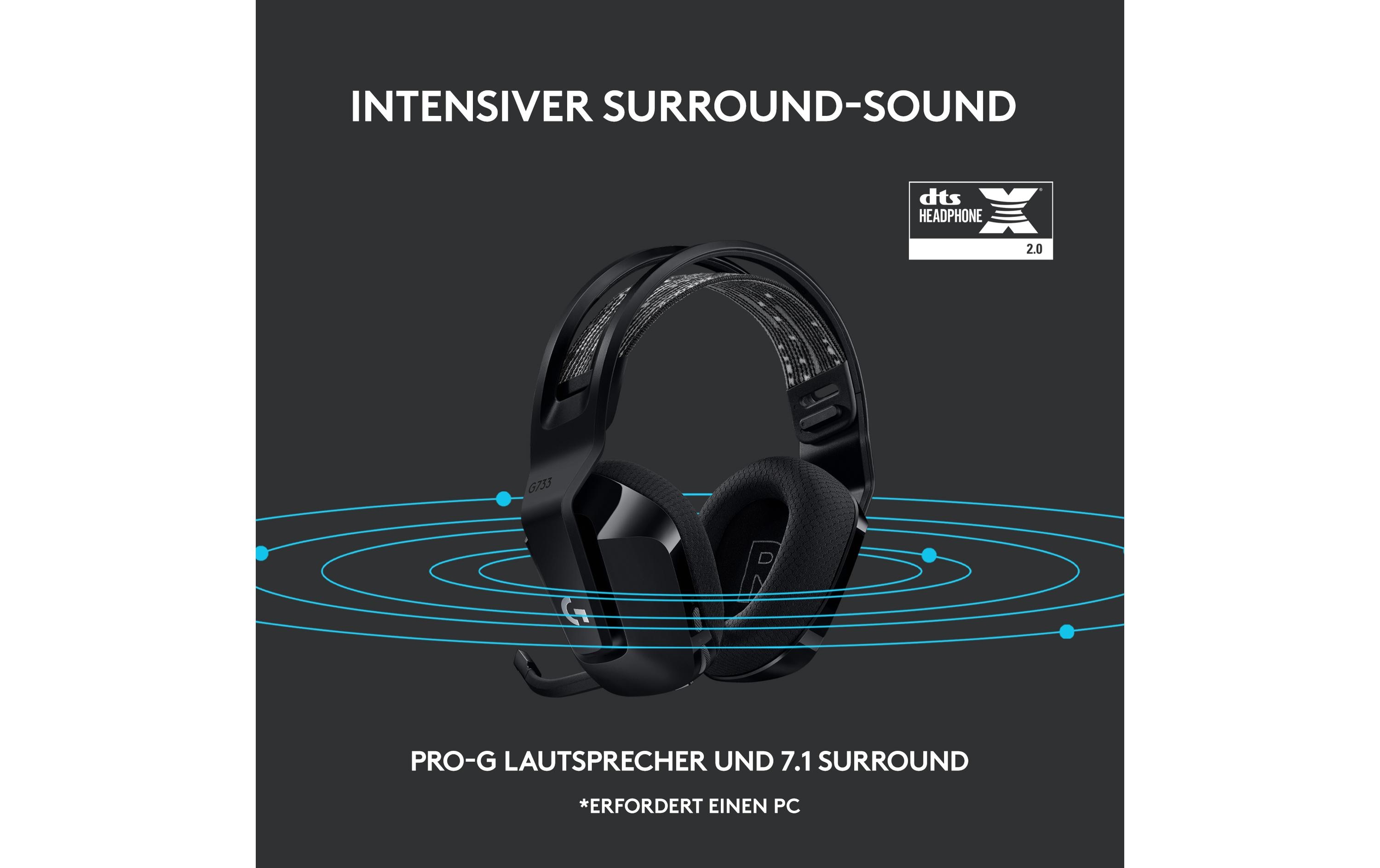Headset G733 Lightspeed SchwarzWireless-Gaming-Headset mit DTS 7.1 Surround-Sound und RGB Beleuchtung