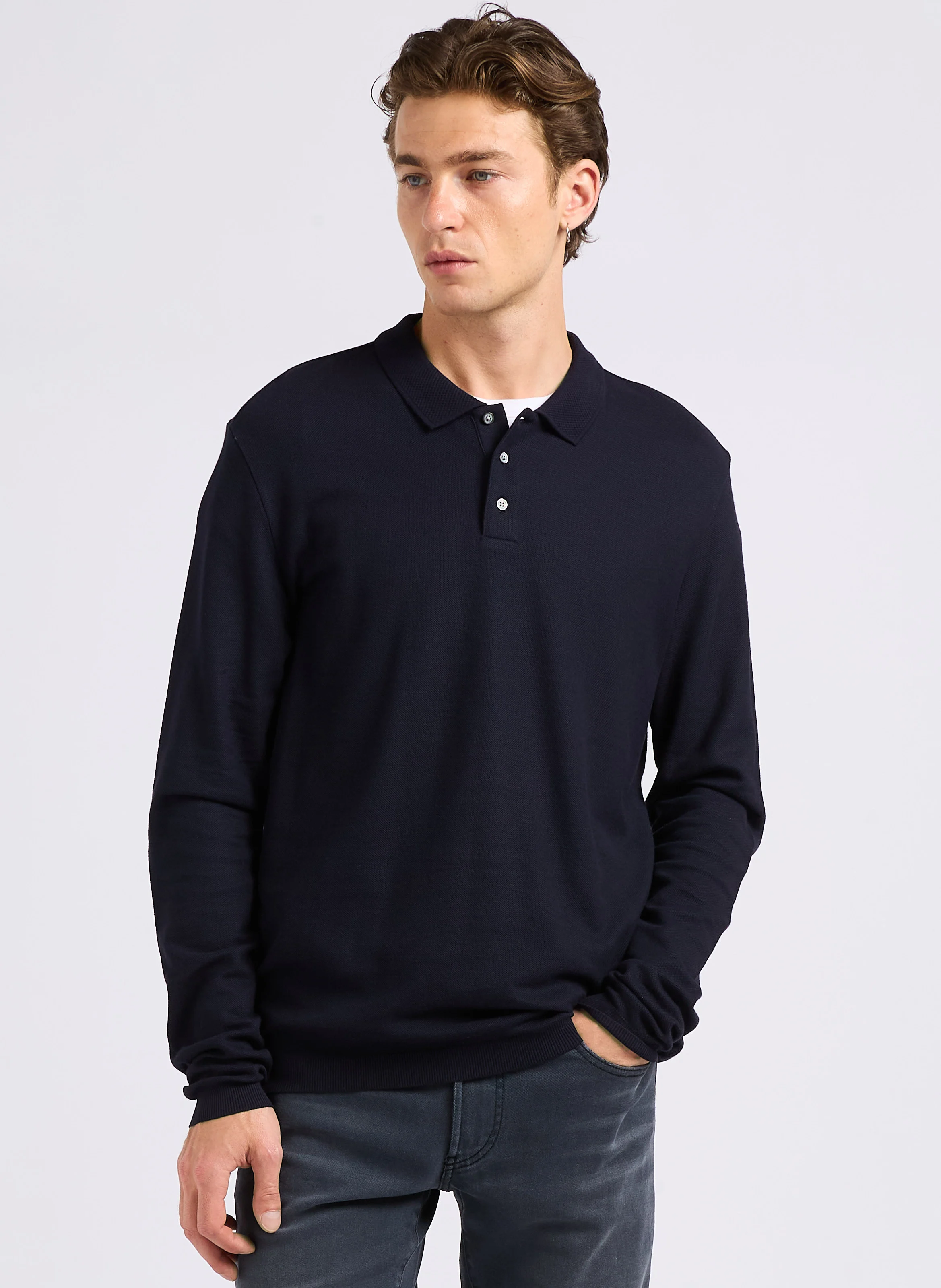 Polo manches longues en coton mélangé | Bleu