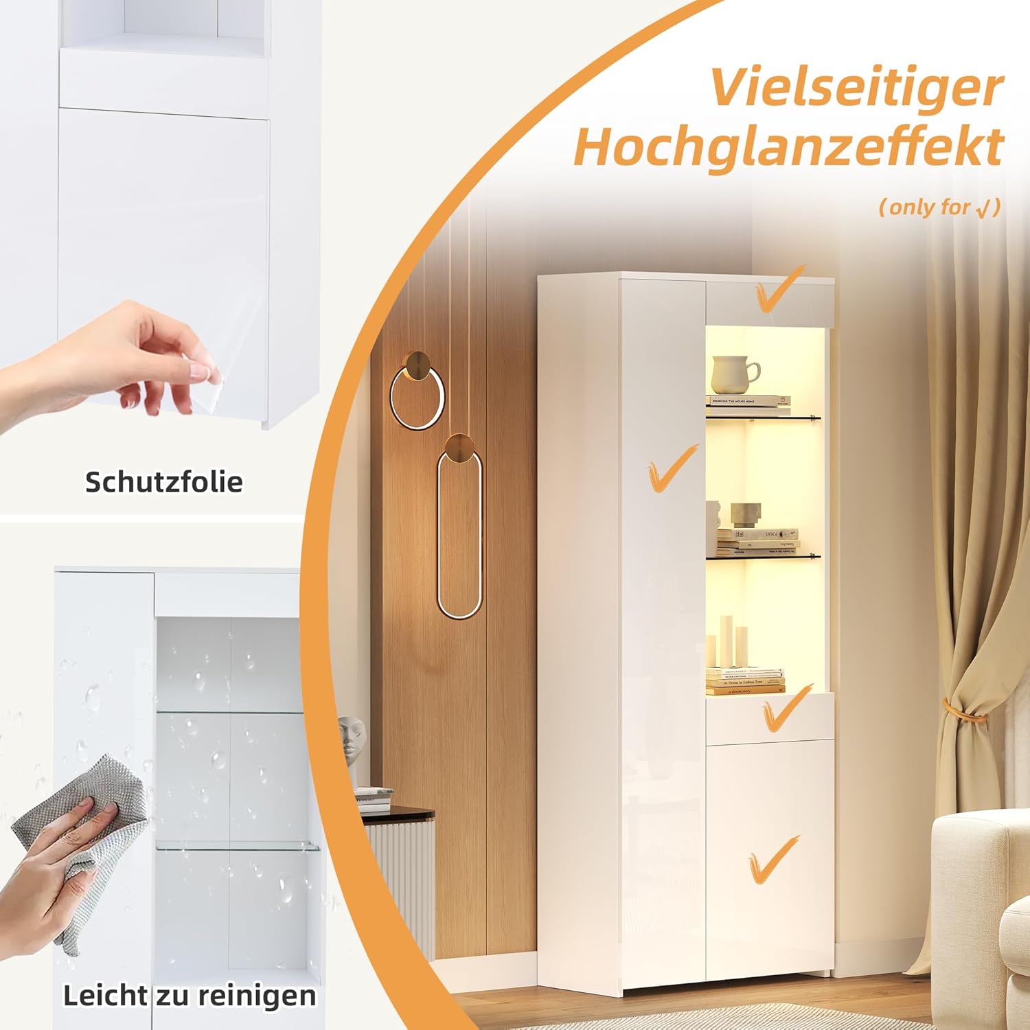 Merax Vitrinenschrank Glasvitrine Vitrine Schrank mit LED-Leuchte, Hochschrank Hochglanz Weiß mit 2 Schrank, Glasboden, Schubladen, Sammlervitrine Bücherregal Standvitrine für Wohnzimmer Büro, 180cm