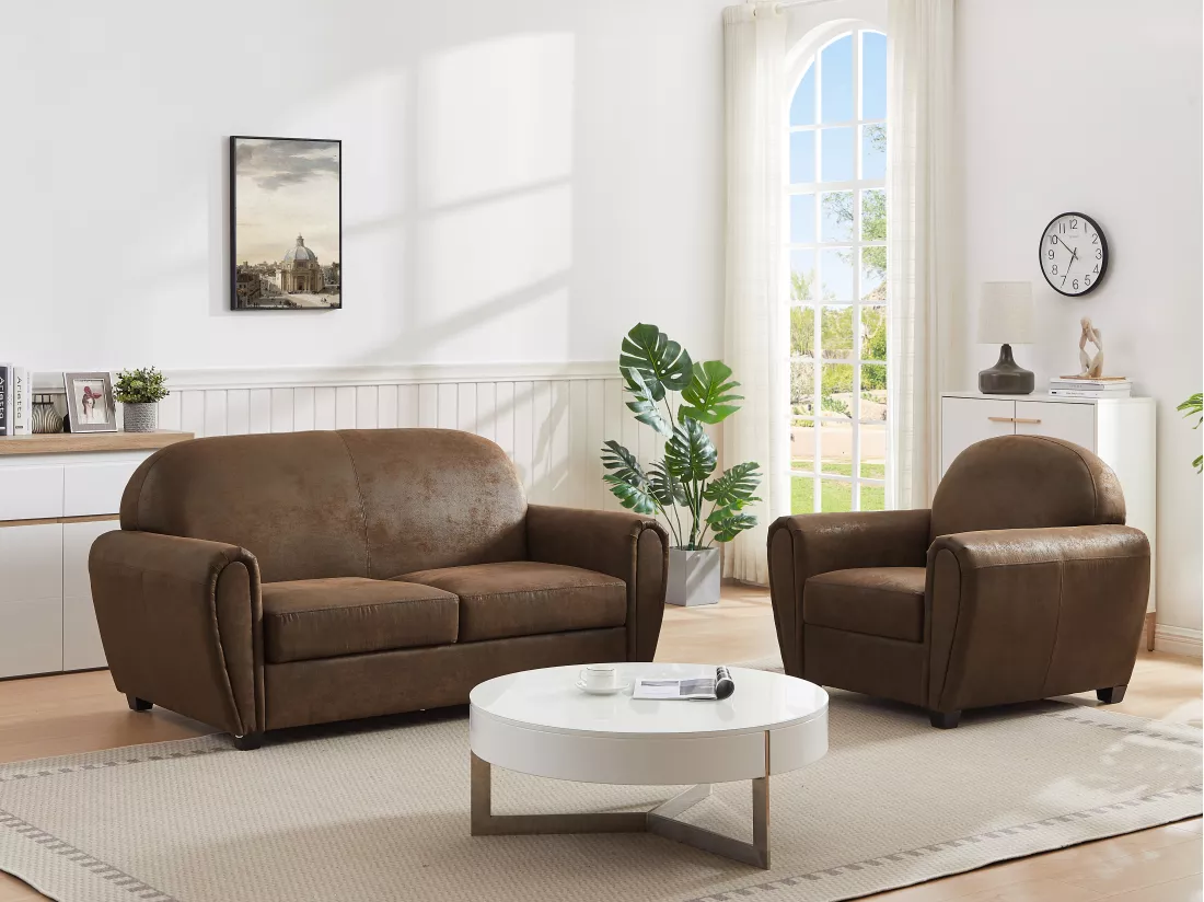 Canapé 3 places en microfibre aspect cuir vieilli club VICTORY III