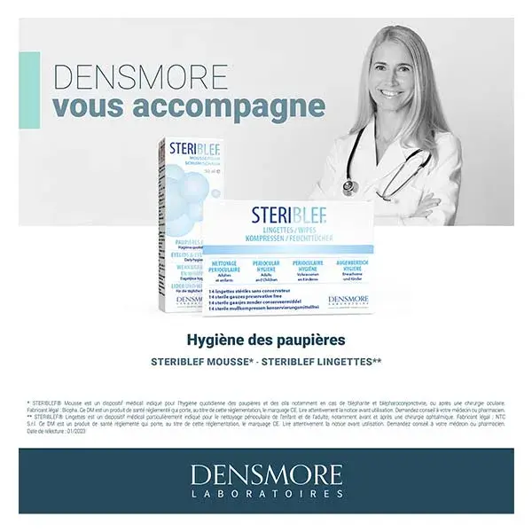 Lenços umedecidos Densmore Stériblef para higiene periocular, infecção, alergia - 14 unidades