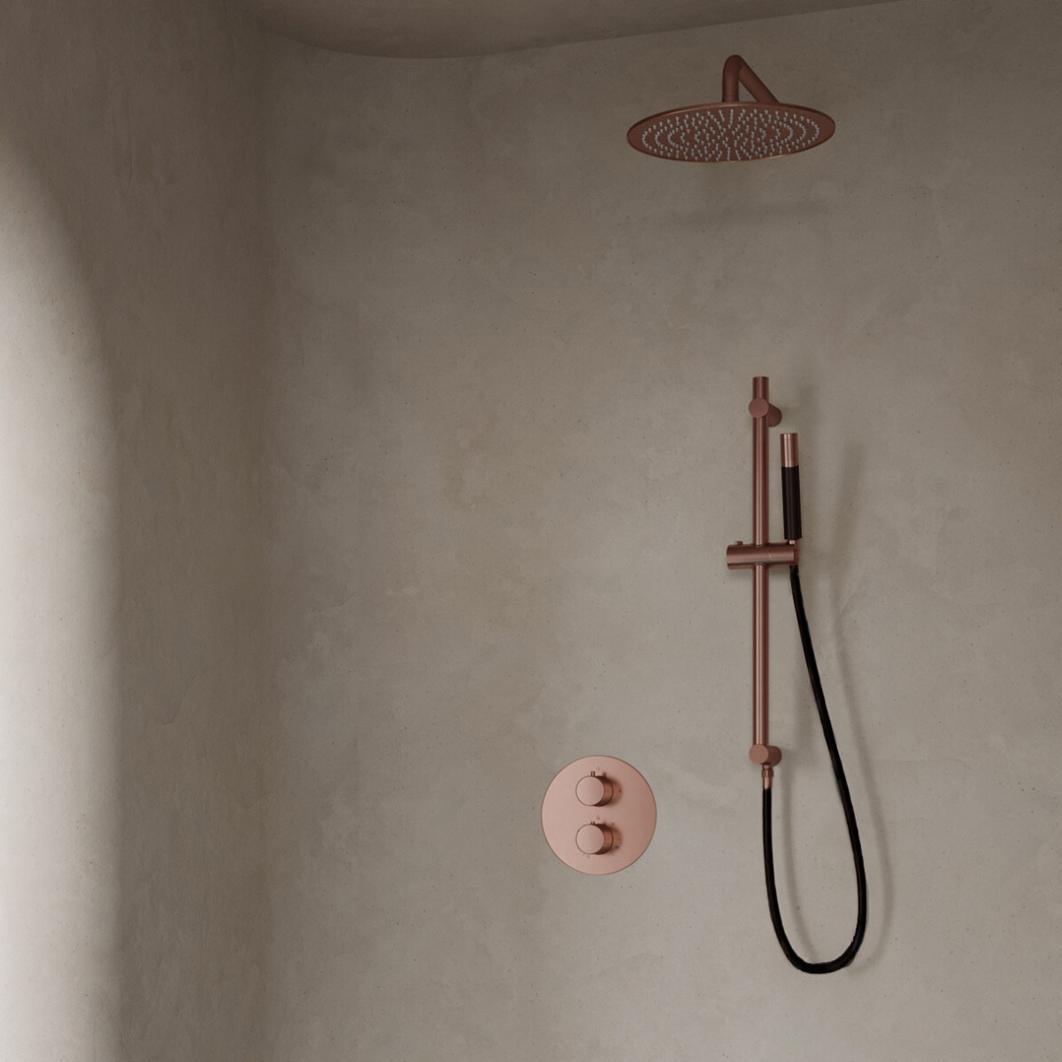 Saniclear Copper Pro inbouw regendouche 30cm rond met wandarm en glijstang geborsteld koper