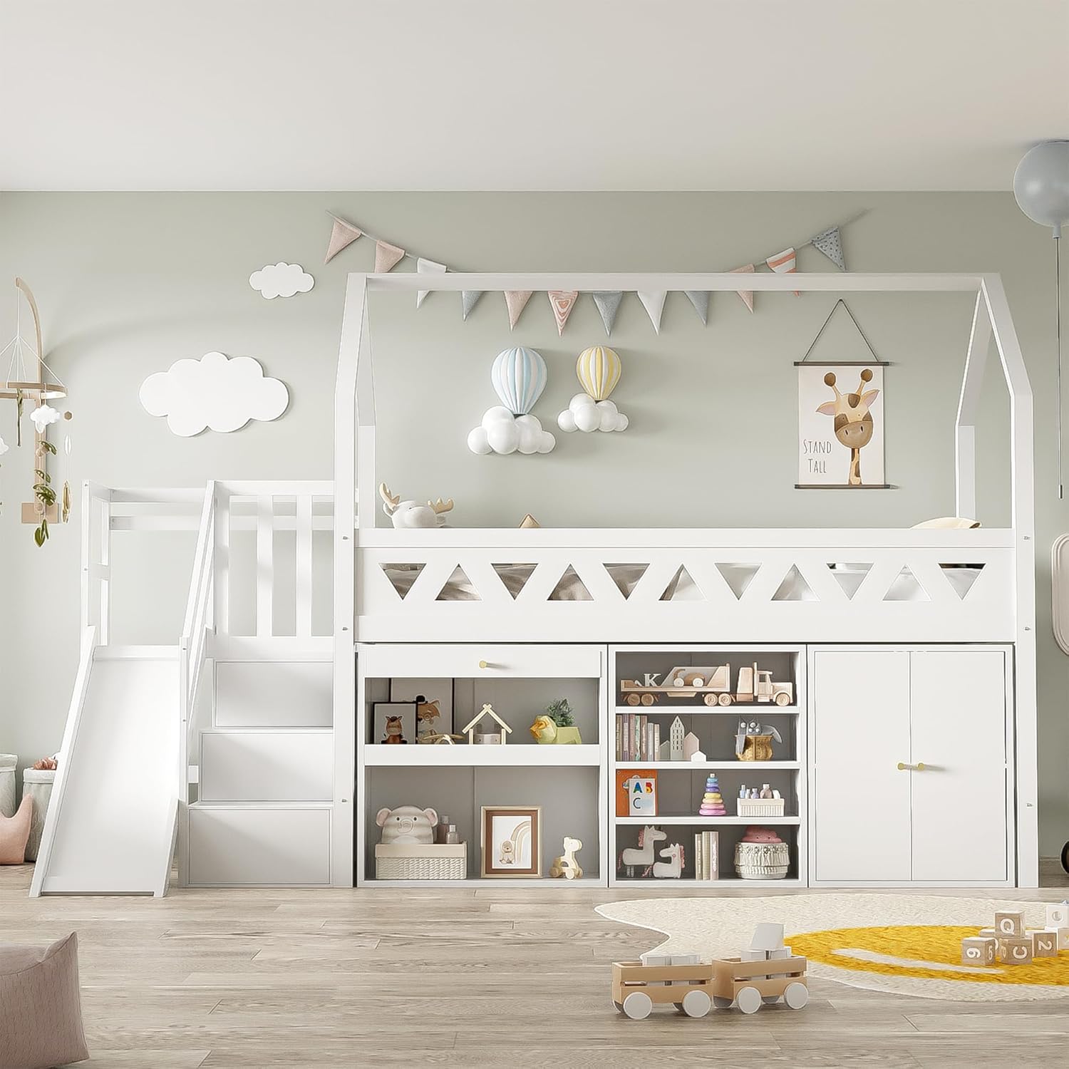 Merax Kinderbett Hochbett 90x200 cm, mit Treppe Staufach Stauraum,Rutsche,Schreibtisch,Schließfach,Platzsparendes Kinder Einzelbett mit Lattenrost und Rausfallschutz,Ohne Matratze,weiß,90 * 200cm