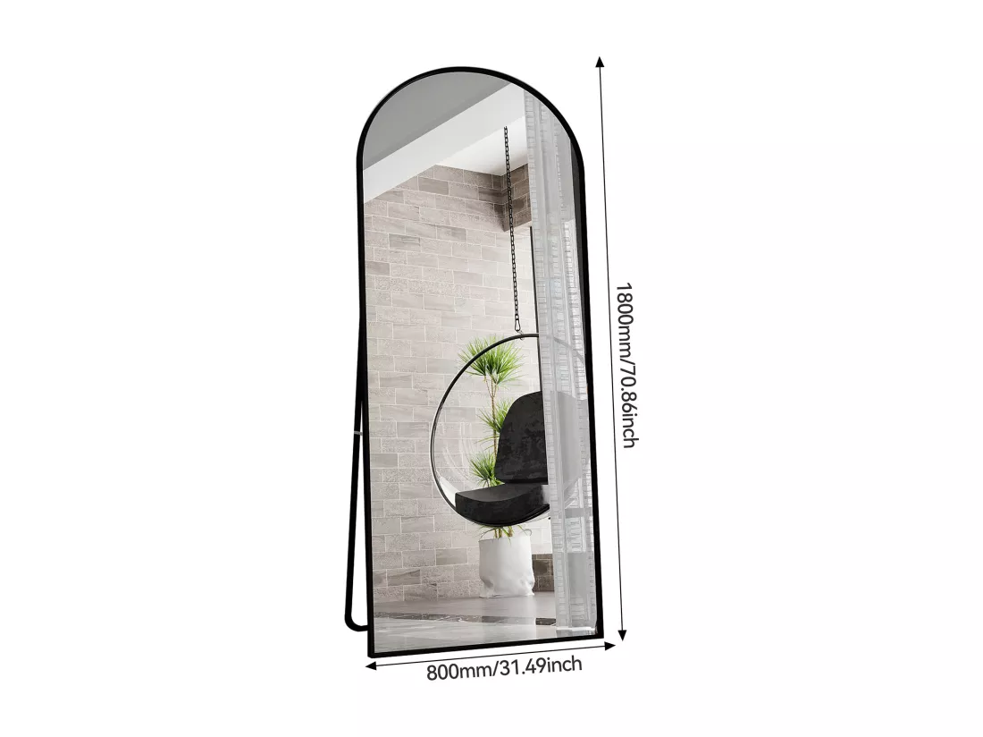 Miroir pleine longueur 180 x 80 cm, sur pied, suspendu ou appuyé, grand miroir de sol avec cadre en alliage d'aluminium noir pour salon ou chambre à coucher, Arc