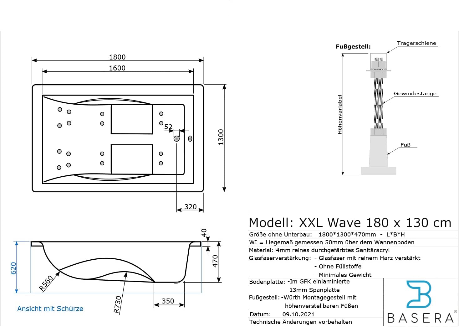 Basic Indoor Whirlpool Badewanne XXL Wave für 2 Personen mit 16 Massagedüsen, Wasserfall, LED-Ambiente