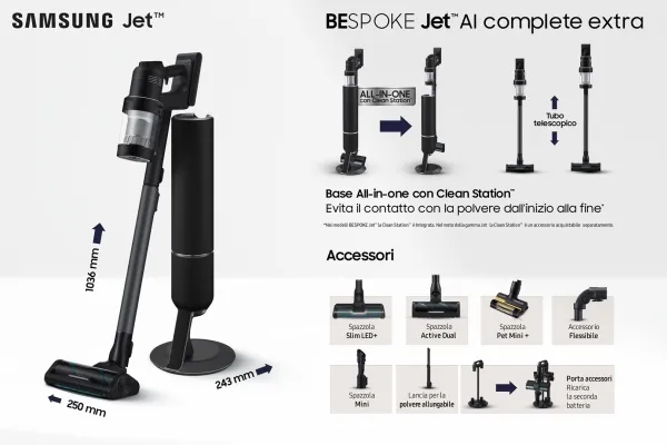 Samsung BESPOKE Jet Complete Extra VS28C9784QK - Støvsuger - pind/håndholdt (2-i-1) - uden pose - ledningsfri - satin black - 2 batterier, inkluderet oplader