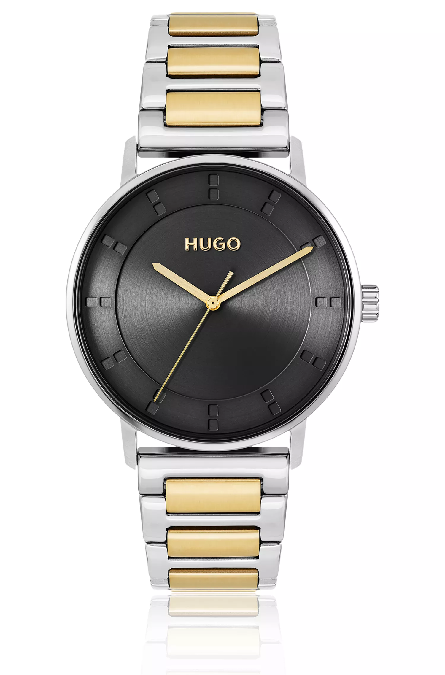 Relógio HUGO com mostrador vermelho e preto e pulseira bicolor.