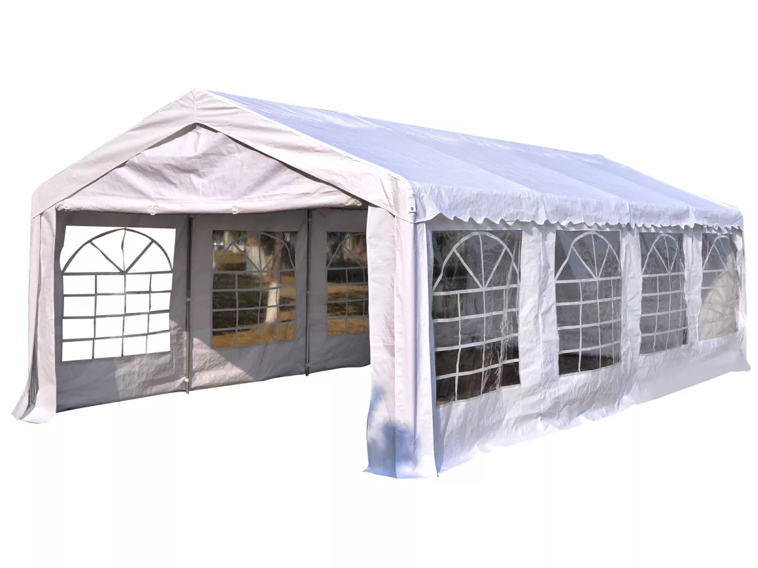 Tente barnum tonnelle de réception 798L x 392l x 280H cm polyéthylène imperméable 8 fenêtres et acier galvanisé robuste blanc