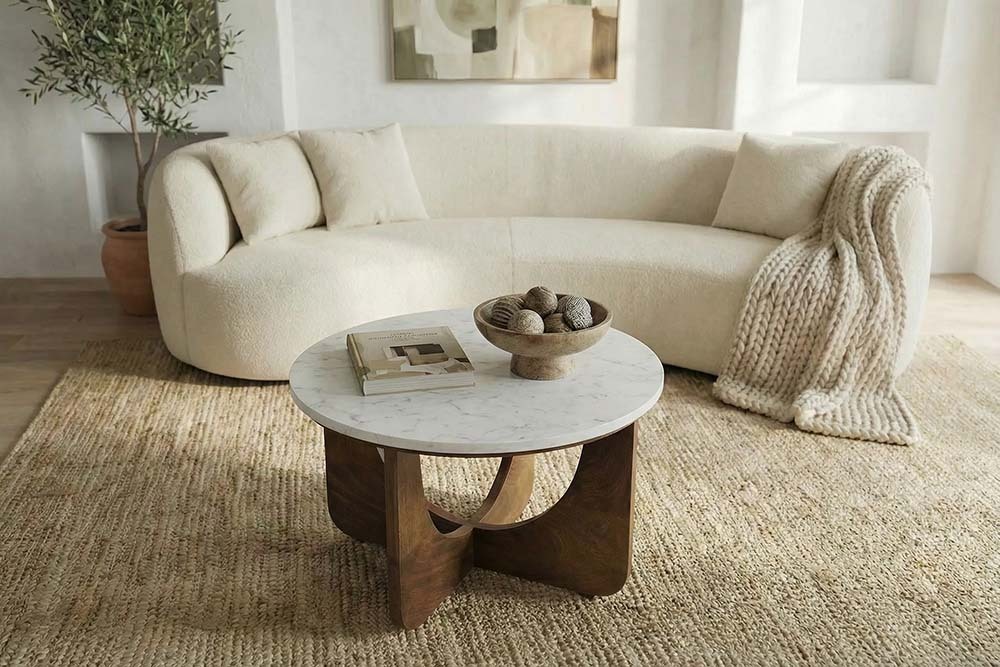 Runder Couchtisch ENSO 60cm weiß Marmor braun massiv Mangoholz