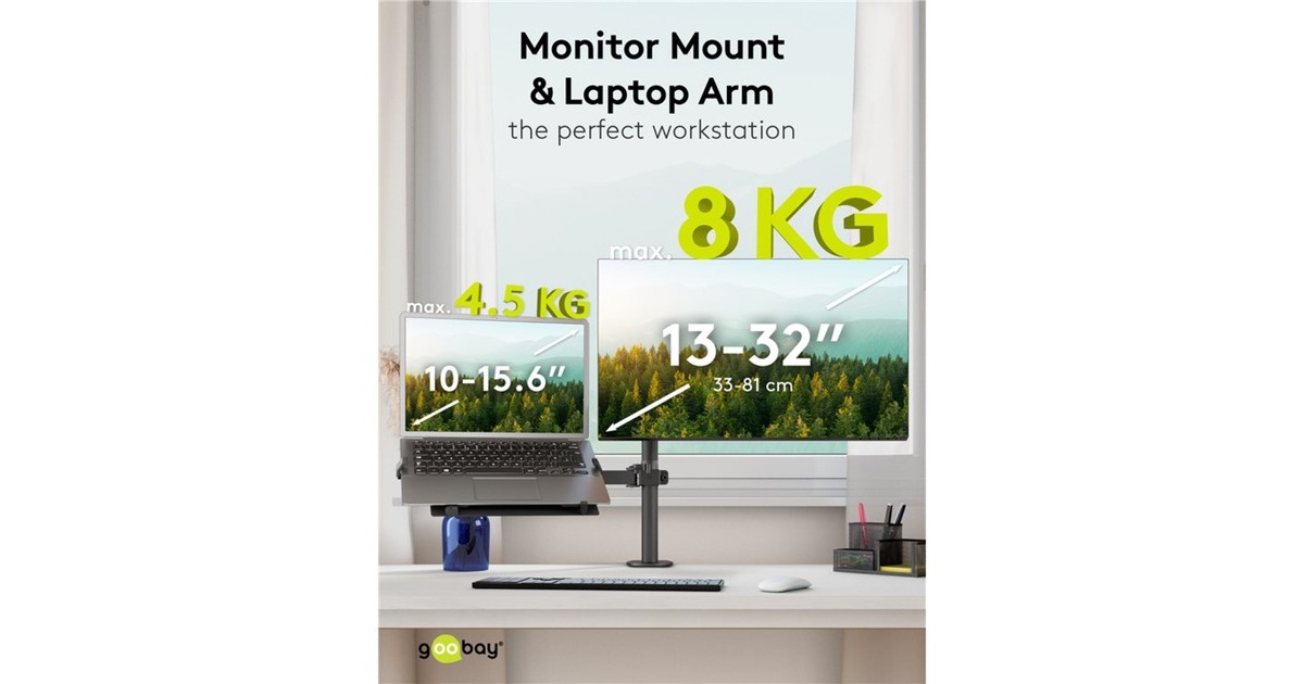 goobayMonitor Mount 13 tot 32 inch met Laptop Arm Flex, 10 tot 15.6 inch monitorarm  (Zwart)