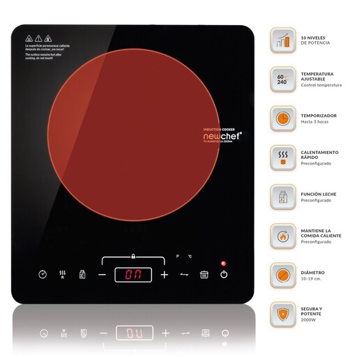Placa de indução portátil Newchef-Go2000, 10 níveis de potência, 3 programas predefinidos, LED, temperatura de 60 a 240 °C.