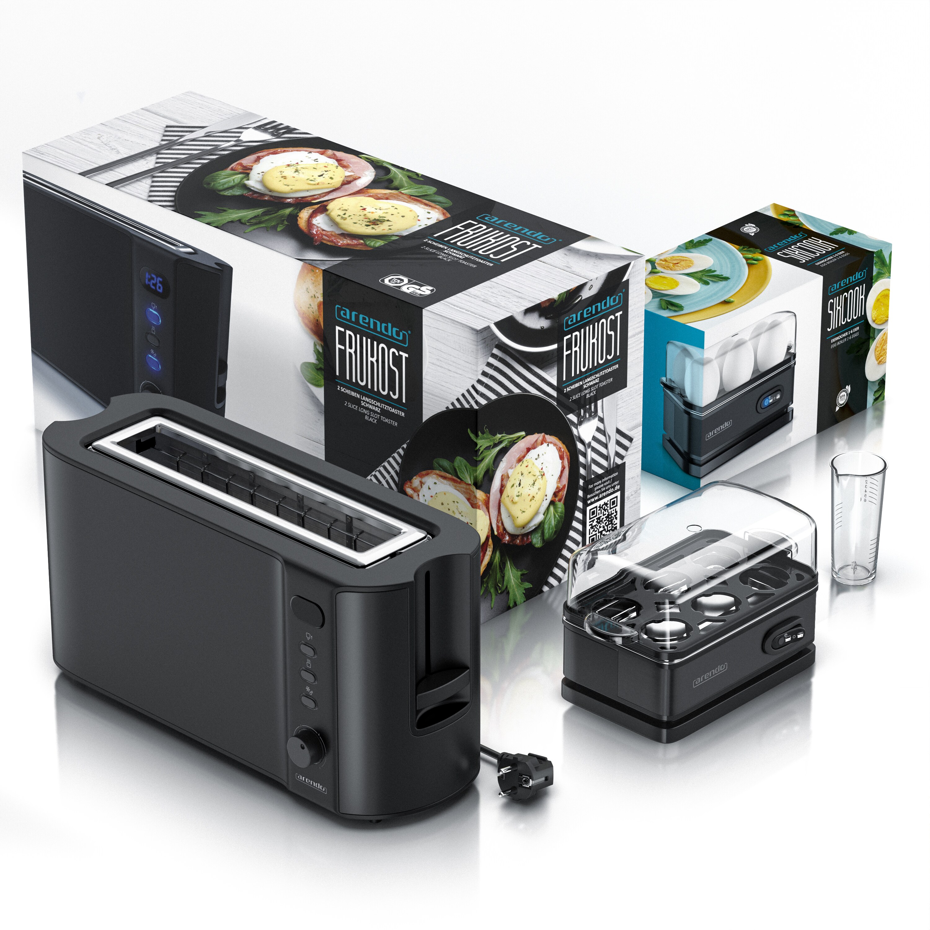 Arendo - SET Toaster FRUKOST mit Eierkocher SIXCOOK Edelstahl Schwarz, Toaster 2 Scheiben, LED-Display, 6 Bräunungsgrade, Brötchenhalter - Eierkocher