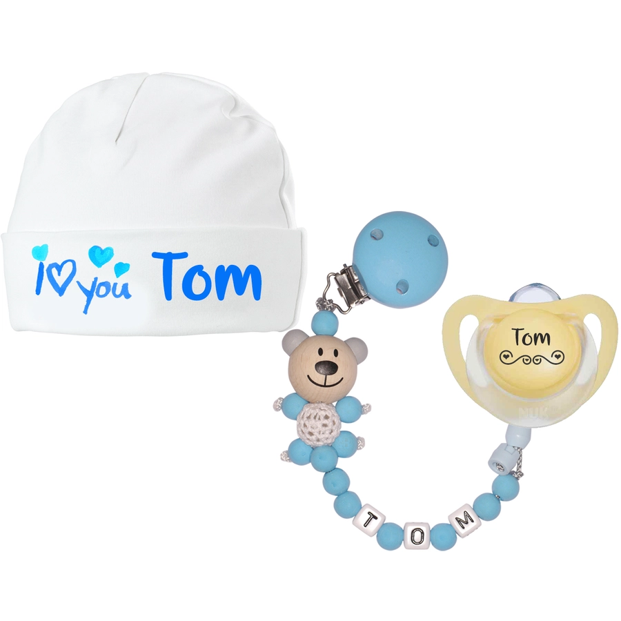 Schnullireich Geschenkset mit Namen I Love You (0-6 Mon) Junge Blau