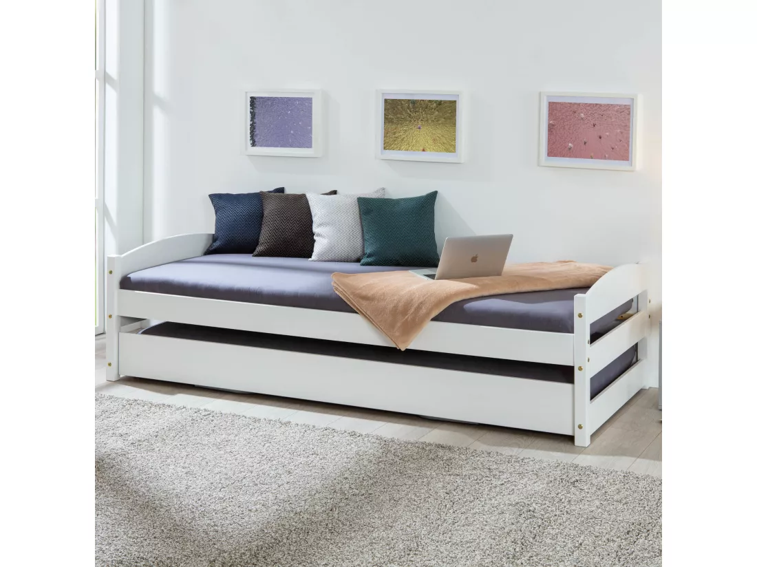 Lit gigogne relevable en bois massif blanc 90x200 - LT12009