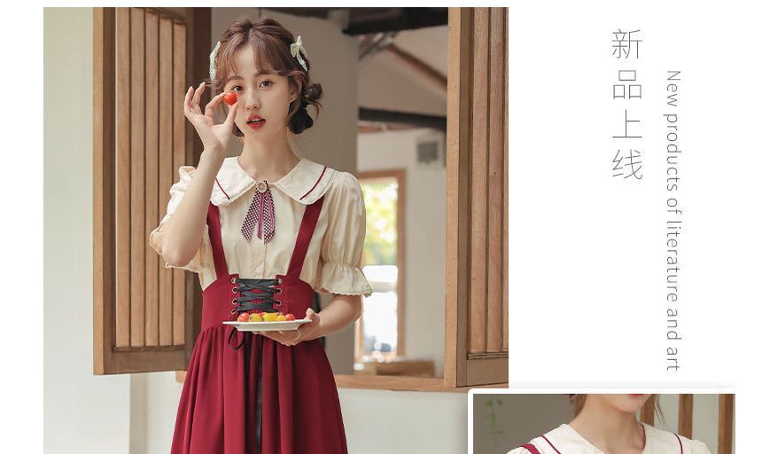 sansweet - Set: Blouse met korte mouwen, kraag en strikband + Midi-A-lijn rok met hoge taille en jarretels