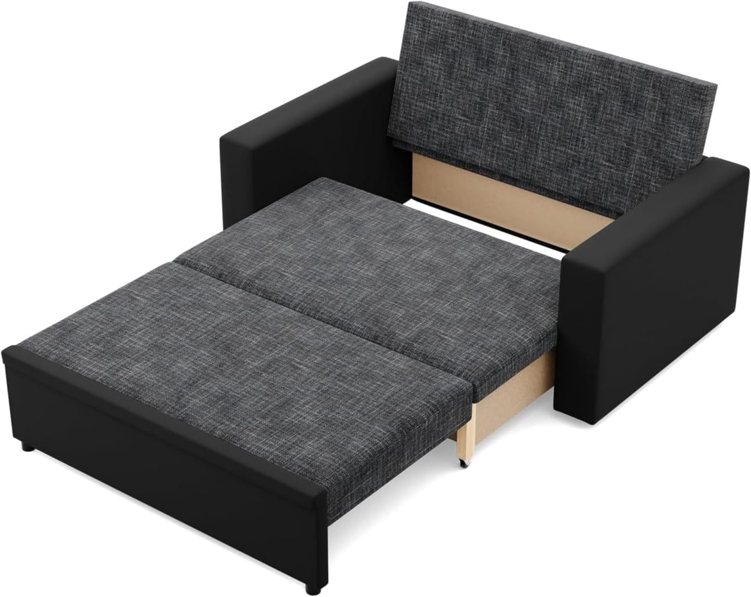 Mebligo - Zweisitzer Sofa Wohnzimmer mit Schlaffunktion, Bettkasten und Kunsteleder 148x90x87 (BxHxT) Dunkelgrau und Schwarz Luna, Schlafsofa Platzsparend, Schlafcouch, Sofabett, Sofa Bed, Bettsofa