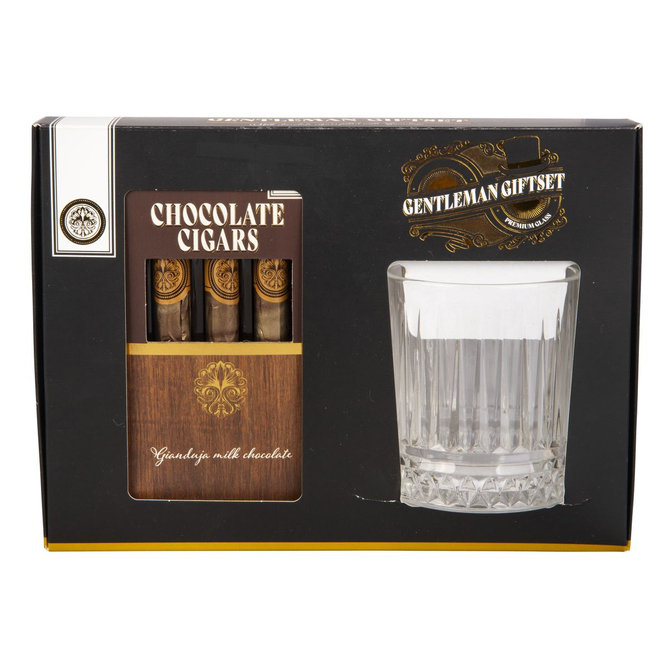 Gentleman Geschenkset - Whiskeyglas und 3 Schokozigarren