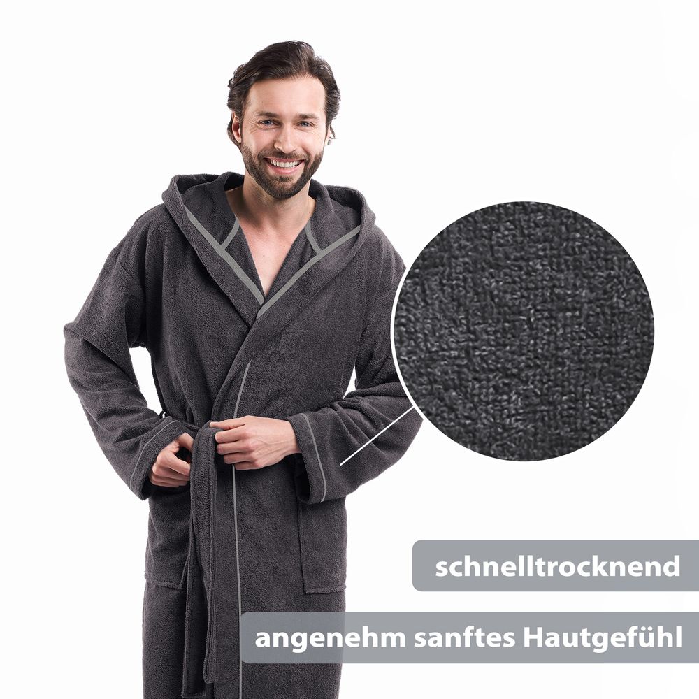 PANA® Frottier Unisex Baumwolle Bademantel mit Kapuze • Saunamantel • Damen Bademantel • Herren Bademantel mit Kapuze • bathrobe men • weiches Material • knielang