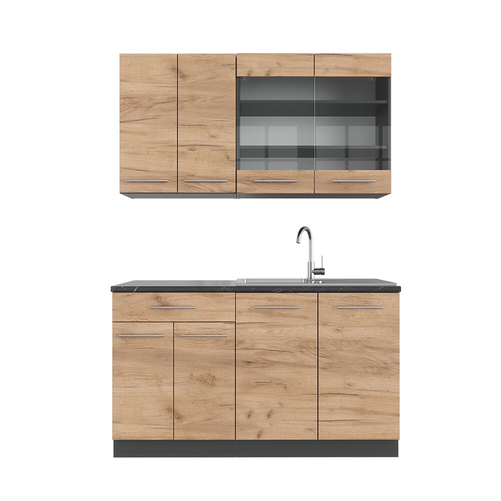 Vicco Küchenzeile Küchenblock Einbauküche Fame-Line Single Anthrazit Eiche 140 cm modern Küchen Schränke Spülenunterschrank Schubunterschrank Hängeschrank Hängeglasschrank