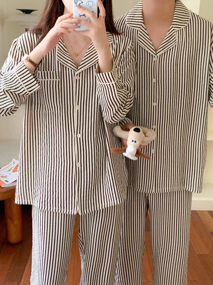 Tanee - Bijpassende pyjamaset voor koppels: top met lange mouwen, reverskraag, gestreepte knoopjes en broek (verschillende ontwerpen)