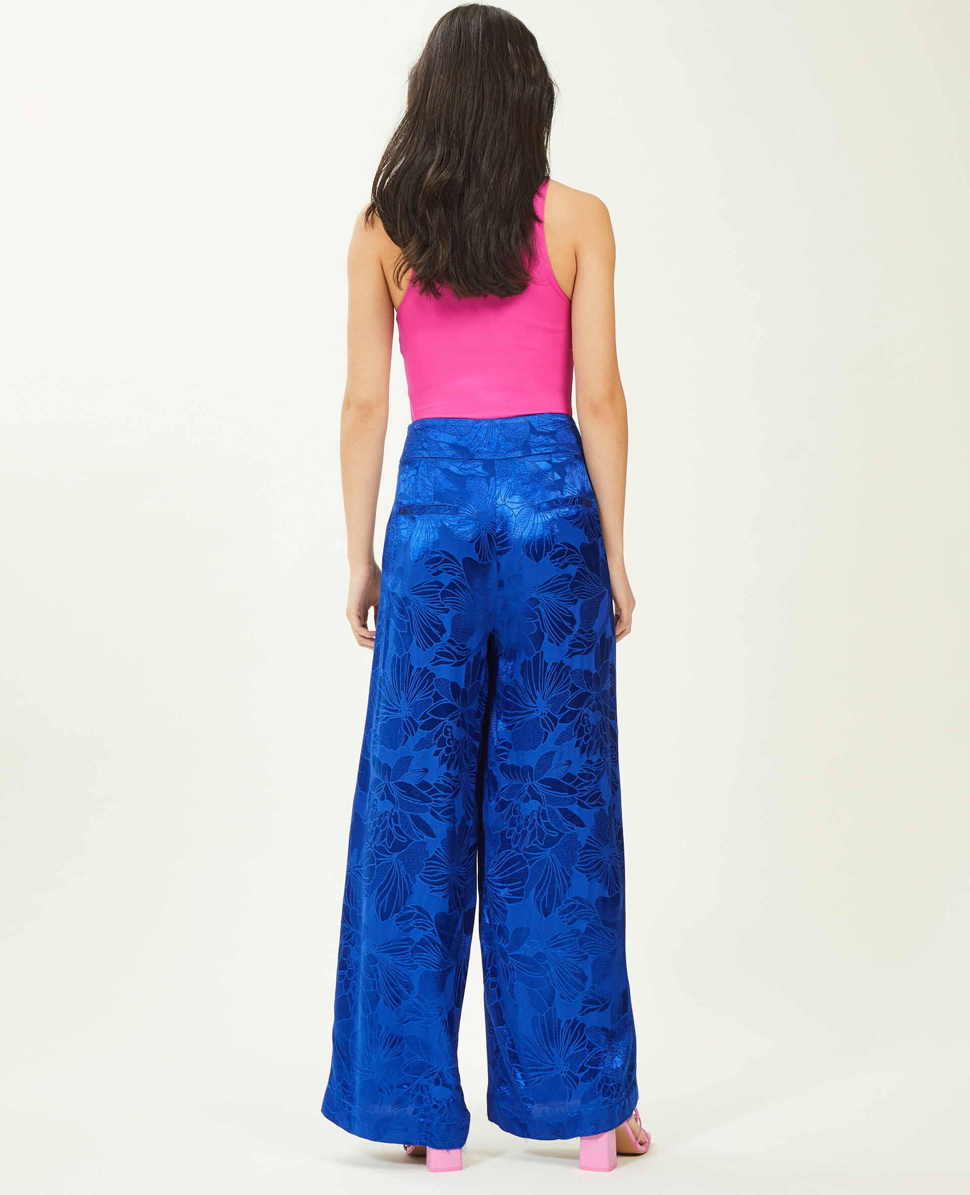 Pantalon large tissu satiné jacquard - Bleu