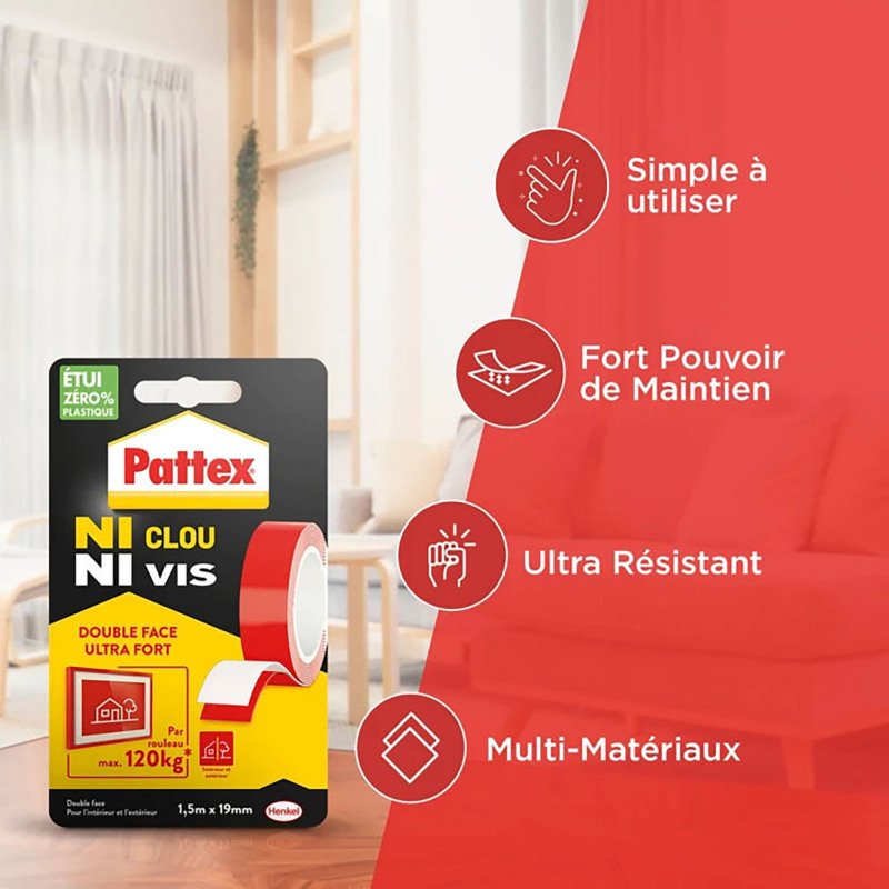 Ruban adhésif Double Face ultra fort Ni clou ni vis Pattex - 19 mm x 1,5 m