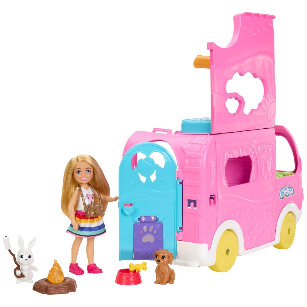 Barbie Club Chelsea 2-in-1 Wohnmobil-Spielset mit 2 Haustieren und Zubehör