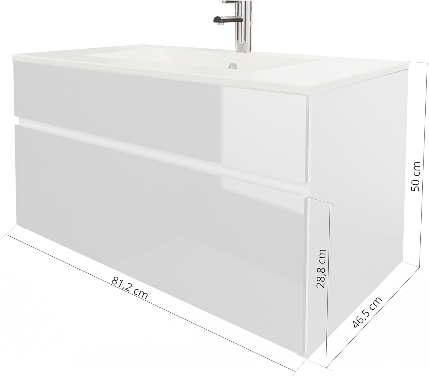 Stella Waschtischunterschrank – Hängend | Weiß | Weiß Hochglanz | 81,2 × 46,5 × 50 cm | Moderner Waschbeckenunterschrank mit Keramikwaschbecken | Waschbecken mit Unterschrank