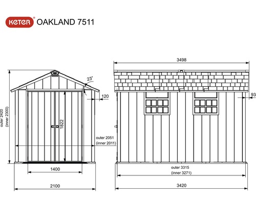 Keter Oakland 7511 kunststof tuinhuis met vloer, 229 x 350 cm, grijs
