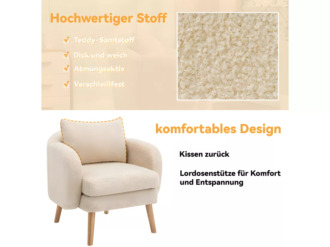 Fauteuil tissu en Teddy - pieds dorés en métal - Beige - Sweiko
