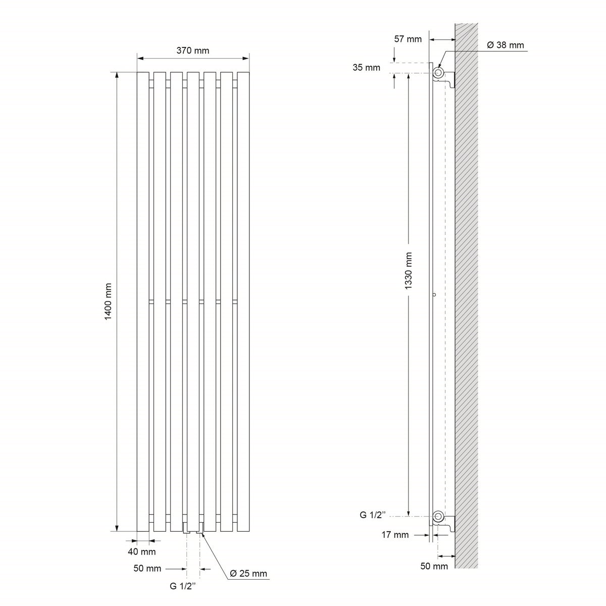 LuxeBath Stella designradiator, 1400 x 370 mm, wit, paneelradiator, middenaansluiting, enkellaags, vlak, verticaal, badkamerradiator, buisradiator, vlakke radiator, badkamerverwarming, badkamerwandverwarming