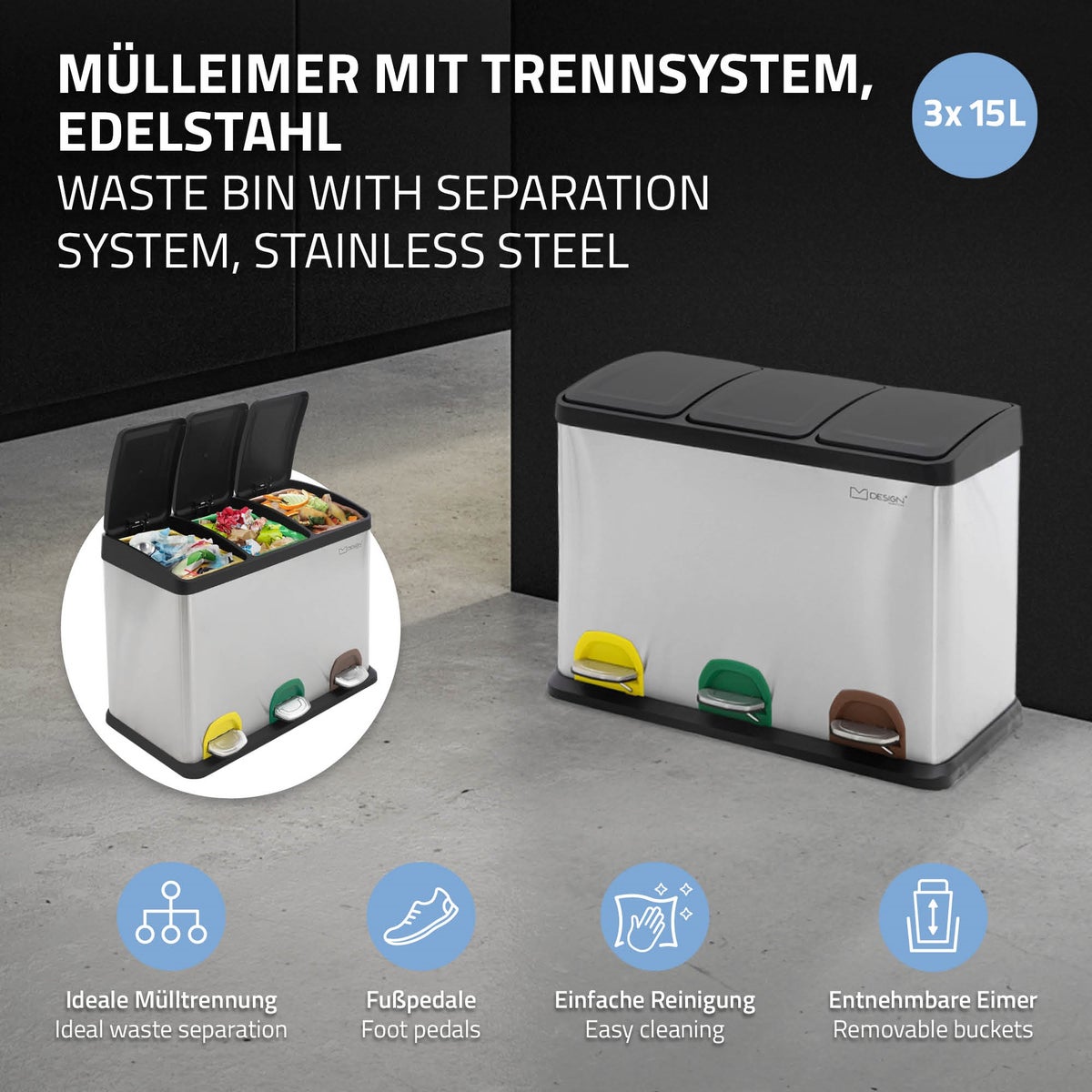 ML-Design Keuken Prullenbak 3x 15L (45L), Zilver, 3-compartimenten afvalscheidingssysteem, Pedaalemmer voor afvalscheiding, RVS-bak met kunststof binnenemmer en scharnierend deksel, Kleurgecodeerd