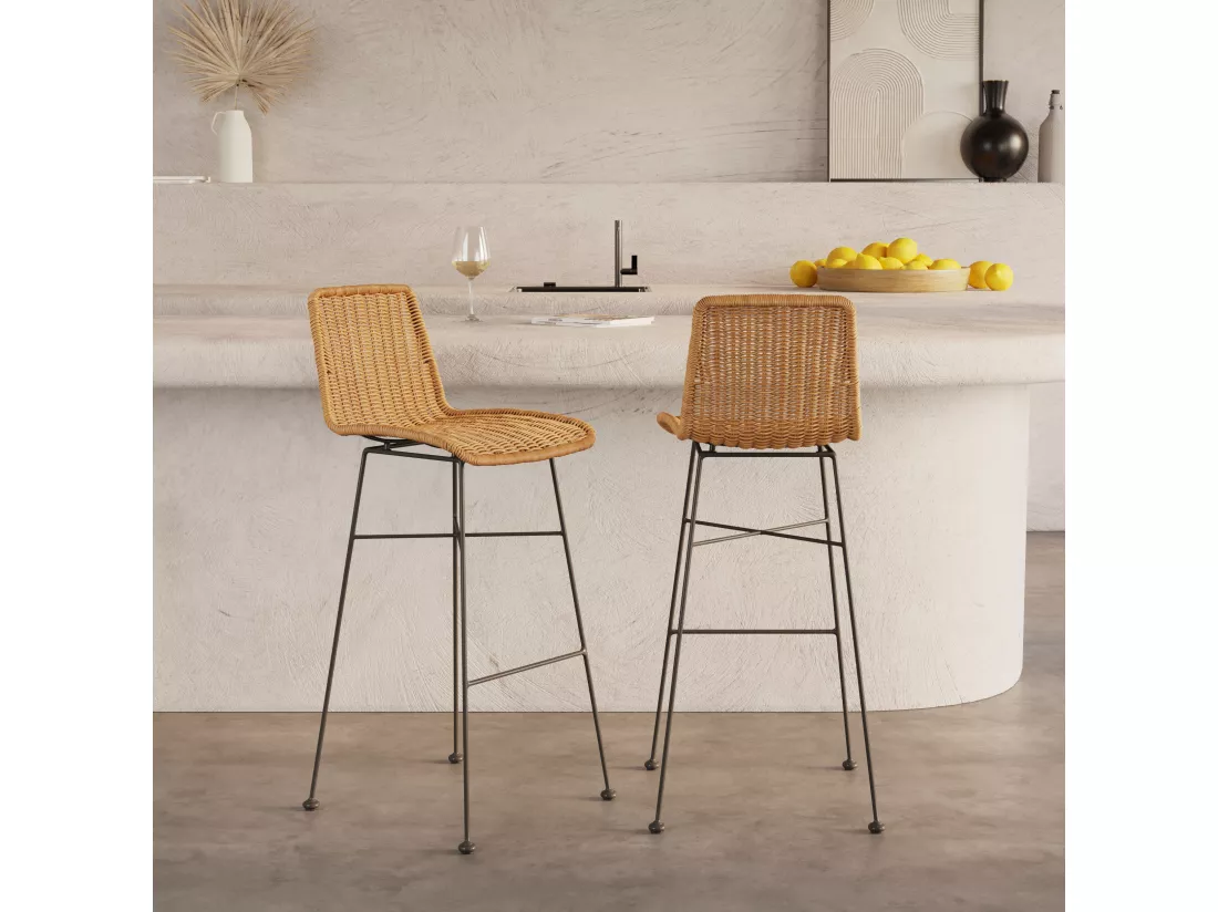 Lot de 2 chaises de bar mi-hauteur 63 cm en résine tressée marron - Mandya