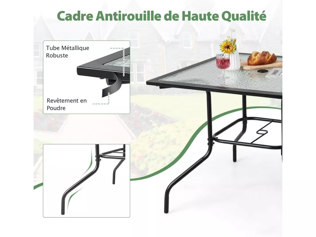 Table de Jardin en Verre Trempé 89 x 89 CM, Table d'Appoint avec Trou pour Parasol 38 MM, Cadre en Métal Robuste, Table Basse Carrée Extérieure pour Patio, Piscine