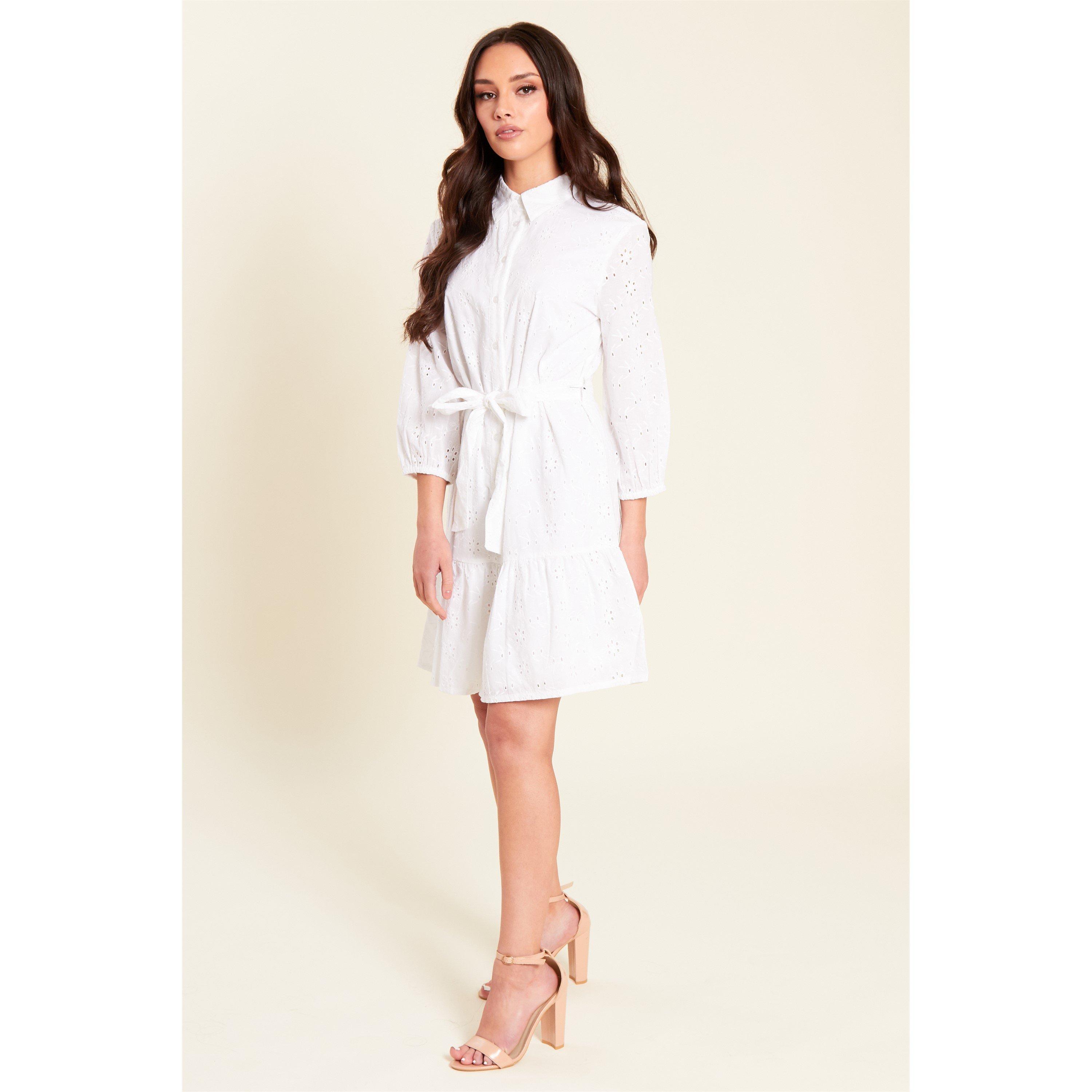 Be You Broderie Broderie Tie Waist Shirtdress