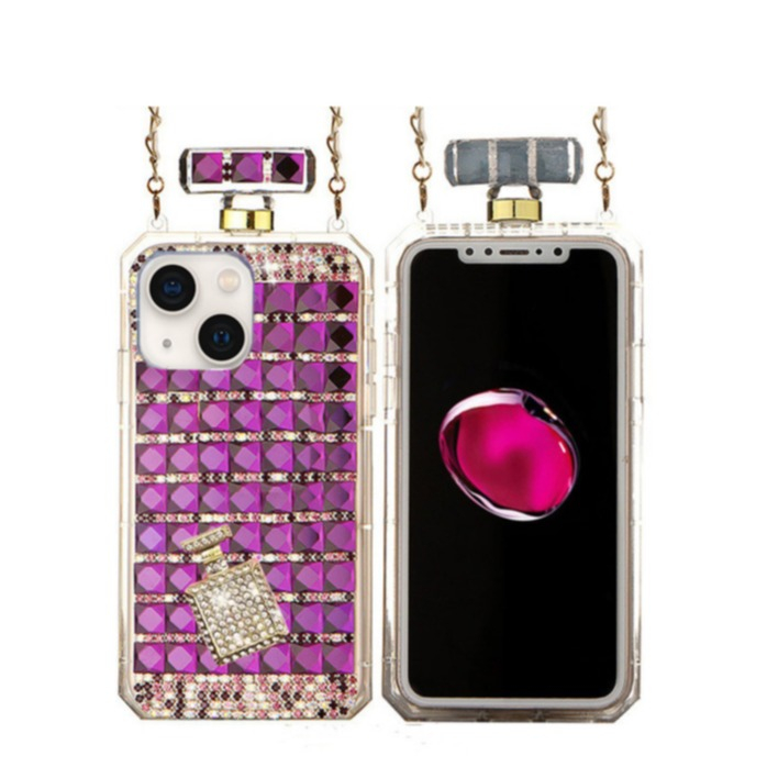 iPhone 14 Necklace Glitzer Case Hülle im Parfümflaschen Design   Handykette (100cm) - Lila / Transparent
