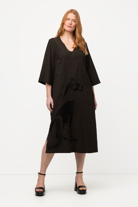 Midikleid, Leinenmix, Stickerei, V-Ausschnitt, 3/4-Arm