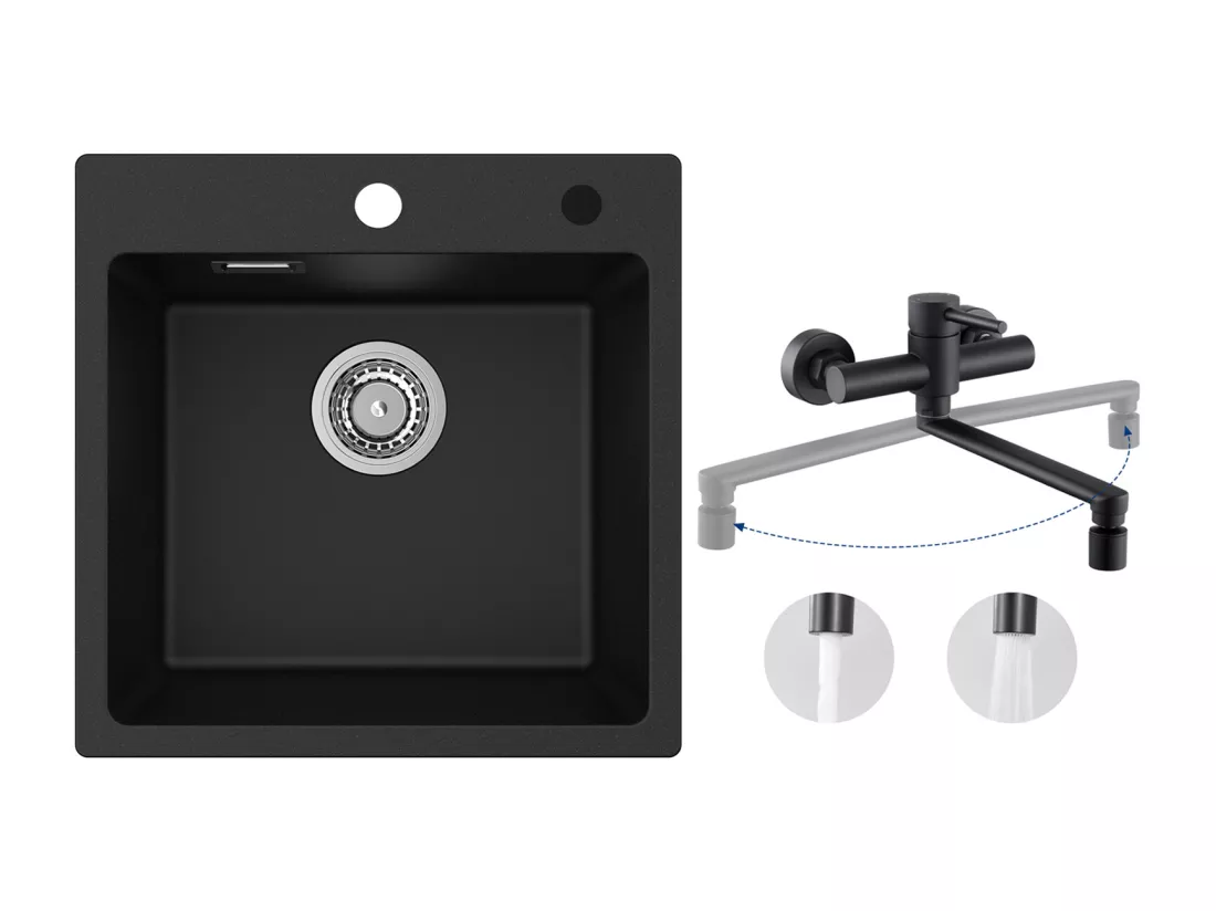 Cecipa MAX Evier 1 Bac en Quartz et Résine Noir 45x45cm Evier à Encastrer + Mitigeur de Cuisine Mural avec 2 Jets Noir