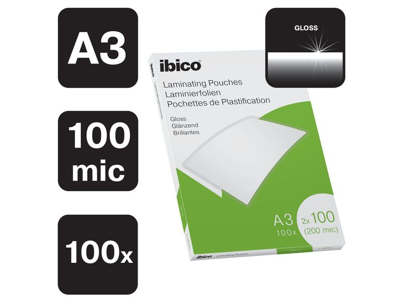 Ibico Laminierfolie Premium A3 100 µm, glänzend, 100 Stück Glänzende Premium Heisslaminierfolien