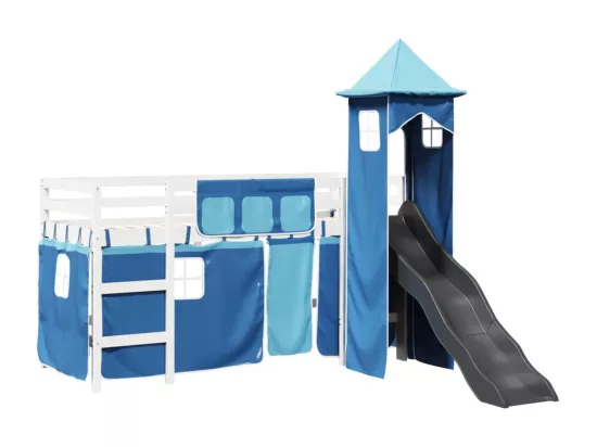 Lit mezzanine enfants avec tour bleu 90x200 cm bois pin massif