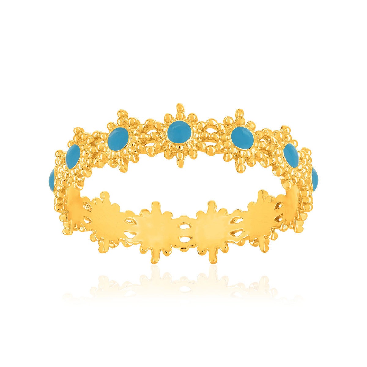 Bague plaqué or jaune perlée motif soleil et résine bleue