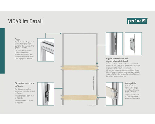 Pertura vlakke binnendeur Vidar HPL RAL 9010 zuiver wit 883x2001 mm incl. vlakke blokkozijn, magneetsluiting WC roestvrij staal DIN links omgekeerd (naar binnen openend)